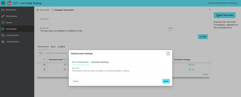 The "Edit Execution Settings" dialog page. It has two tabs "Run Configuration" and "Execution Settings". The first tab is opened, showing a text box where the Base URL can be edited.