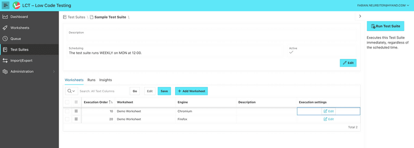 The Test Suite details page. In the table, two worksheets were added. The first cell in the column "Execution settings" is highlighted.