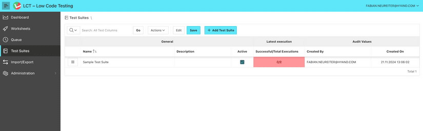 The overview page for Test Suites. There is a table with the following columns: Name, Description, Active, Successful/Total Executions, Created By and Created On. A Test Suite is listed in the table.